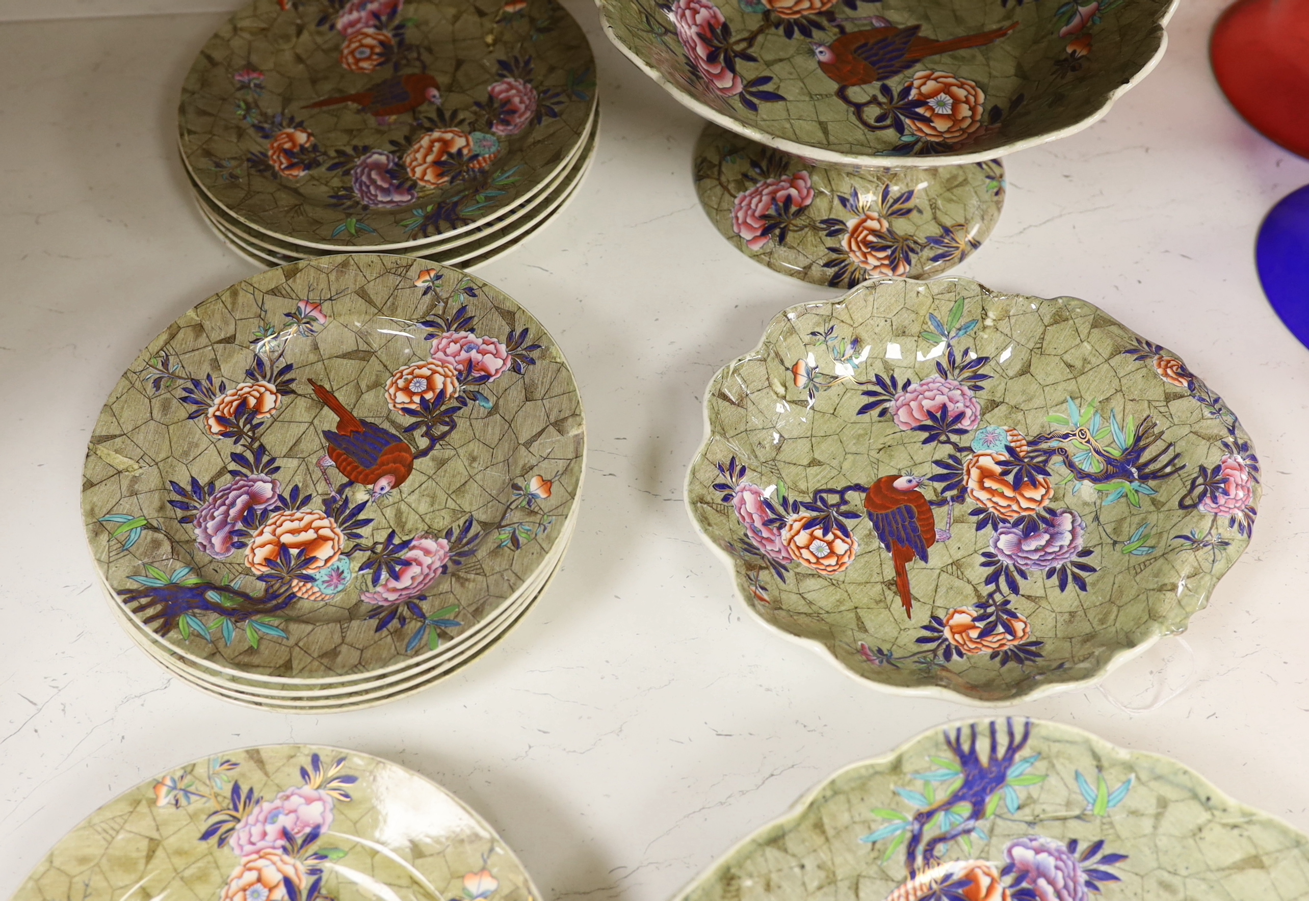 A Spode ‘Tumbledown Dick’ part dessert service, early 19th century, decorated with birds and flowers